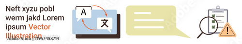Language translation, global communication, content analysis, data validation, proofreading, and error detection. Visuals translation symbols, speech bubbles, and a checklist with a magnifier