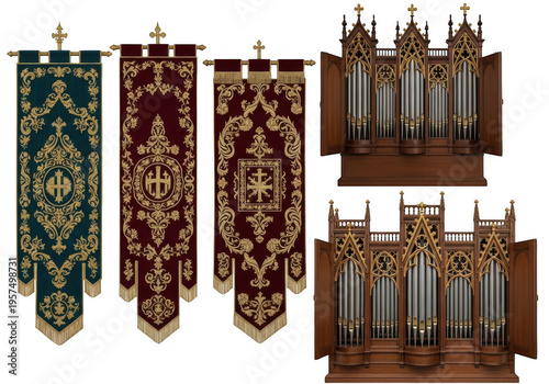 Collection of ornate religious church banners and gothic style wooden pipe organ musical instruments