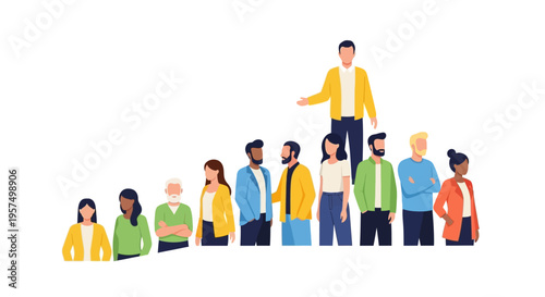 Diverse Business Team Hierarchy: Leader Guiding Multinational Group in Corporate Structure, Management & Career Progression