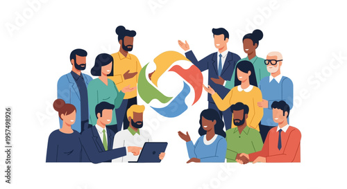 Diverse Global Business Team Collaboration. Professional Networking, Inclusive Partnership, Communication & Unity. Modern Flat Design Illustration.