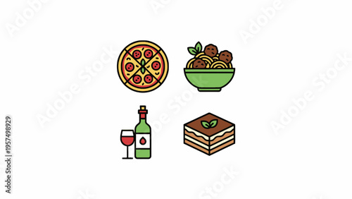 Italian Food Icons Set with Pizza Pasta Wine and Tiramisu