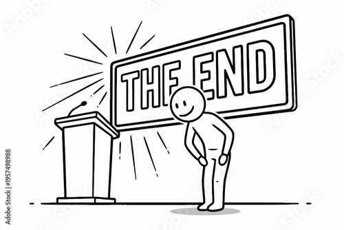 Stick figure bowing on stage after speech with the end sign