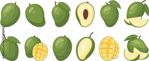Green Mango Vector Set with Whole Sliced Cubed and Halved Tropical Fruits Isolated on White Background for Fresh Food Design and Packaging