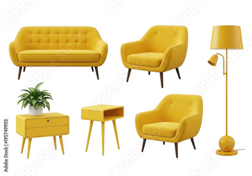 A collection of modern mid-century style yellow furniture including chairs a sofa and floor lamp