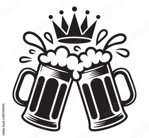 Cheers with a regal touch two foamy mugs under a crown