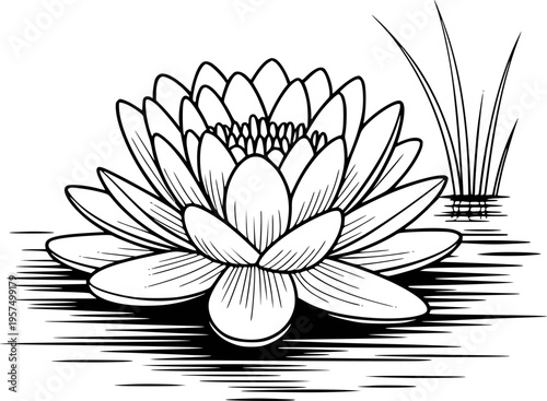 Detailed black and white line of a blooming water lily flower floating rippling water with reeds