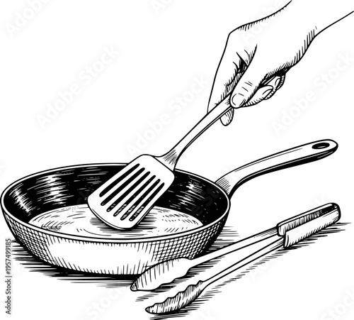 Hand holding spatula over frying pan with tongs white background cooking food