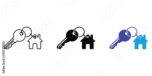 Three keys with house-shaped keychains on a white background, representing home ownership and real estate