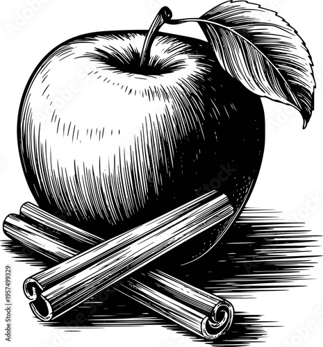 Detailed black and white woodcut of a ripe apple with a leaf and crossed cinnamon sticks
