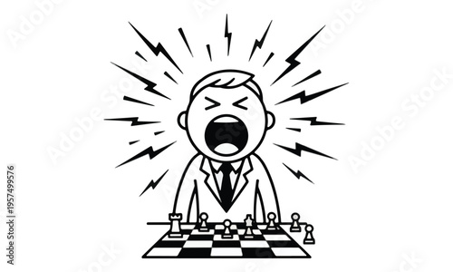 Stressed Businessman Shouting over Chess Board Line Art