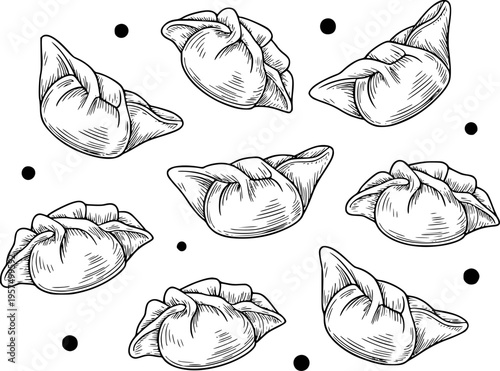 Hand Drawn Dumpling Scattered a White Background with Black Dots food