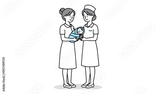 Nurses holding a swaddled newborn baby illustration