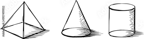 Hand Drawn Geometric Shapes Pyramid Cone Cylinder Isolated White Background geometry