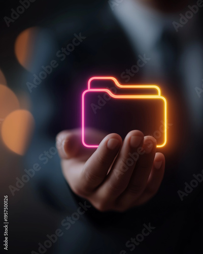 Digital Document: A well-dressed individual tenderly holds a luminous neon icon, representing a folder containing a crucial file, offering a visual testament to data protection, digital safety.