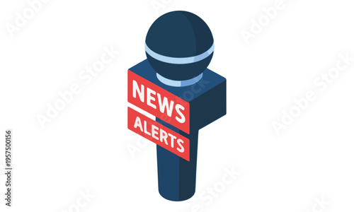 Isometric news microphone with alerts labels on white background