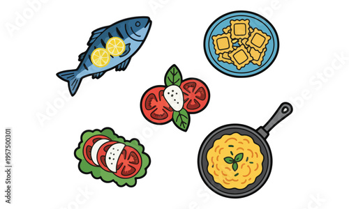 Italian cuisine icons with fish ravioli and caprese salad