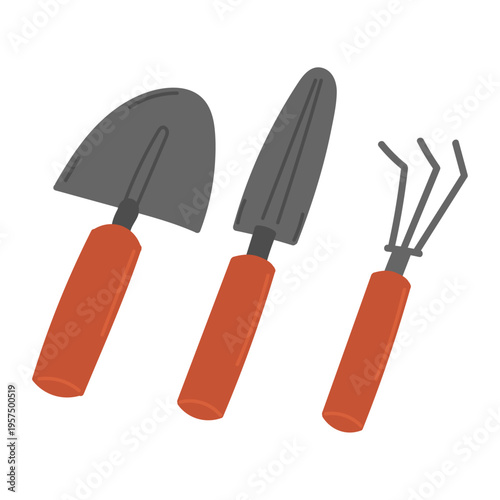 Gardening tools in flat cartoon design. Hand rake, shovel and trowel for domestic greenhouse or garden work. Agriculture, horticulture and farming instruments. Vector illustration