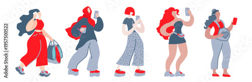 Vector flat illustration with doodle man with a device. Man talk on a smartphone, take pictures, send messages, play games and has a shopping. Design of a modern young man with a mobile device