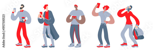 Vector flat illustration with doodle man with a device. Man talk on a smartphone, take pictures, send messages, play games and has a shopping. Design of a modern young man with a mobile device