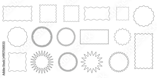 Set of colorful round and oval, rectangular and square, arch shapes with curvy edges. Cute geometric forms with scalloped borders. Empty textboxes, stickers, tags or labels. Vector flat illustration 