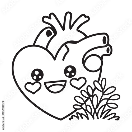 Anatomical heart vector illustration with cute smiling face and foliage in black and white line art style for medical coloring book art
