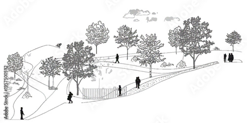 Architectural Drawings of Minimal CAD Trees with Roots, Clean Line Tree Illustrations, Grunge Tree Vector Set, Wetland Forest Section Views, Landscape Design Outline Elements for Planning Projects