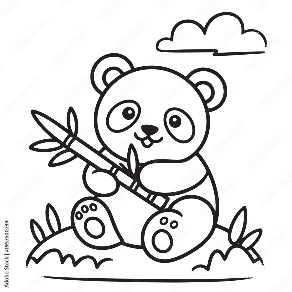 Fototapeta premium Adorable baby panda sitting on grass and eating bamboo branch coloring page for children with simple outlines and cute facial expression