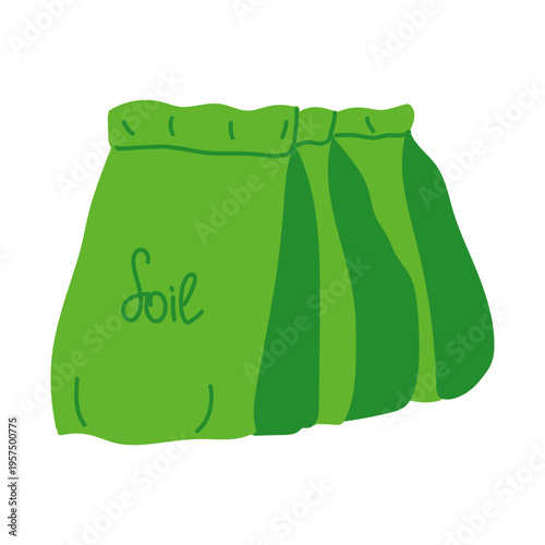 Gardening soil bags in flat cartoon design. Green packs with potting mix for growing plants, gardening and farming, seedling growth and cultivated seeds for farm or home garden. Vector illustration