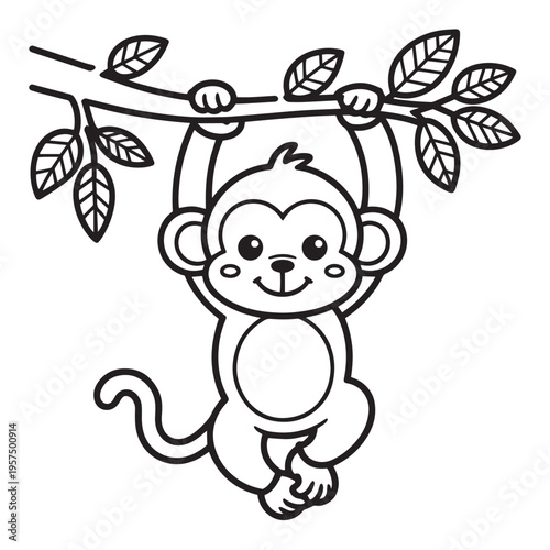 Cute baby monkey hanging from a tree branch with green leaves coloring page for kids with thick black outlines and adorable animal face