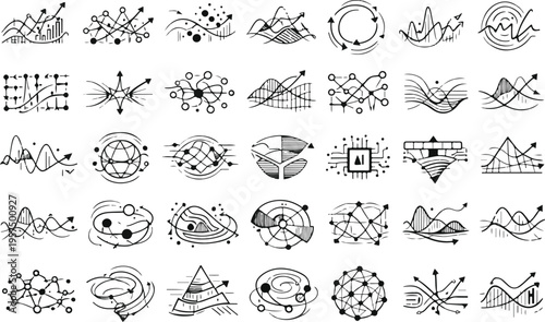 Minimalist tech doodles with financial charts, neural networks and digital analytics