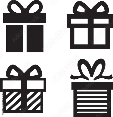 Gift Icon Set on White – Present, Box, Ribbon, Surprise, Holiday, Birthday, Wedding, Celebration, Reward, Give