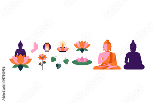 Buddha Purnima, Vesak Day concept icons. design with Buddha and lotus for banner, poster and flyers
