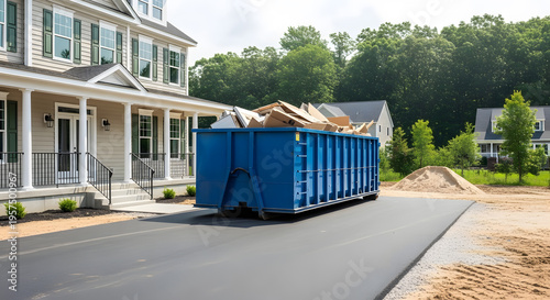 A blue dumpster on a residential street with a house
