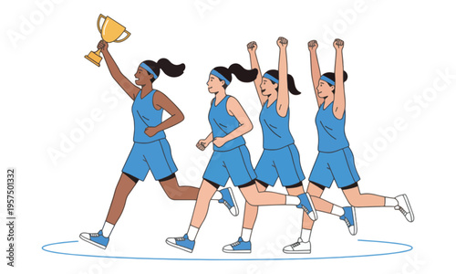 Female athletes running with gold trophy victory celebration