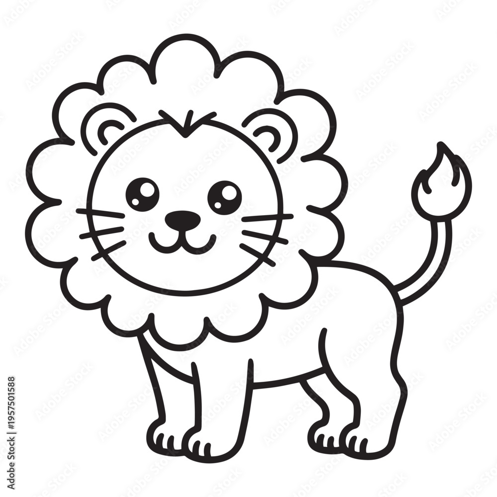 Fototapeta premium Cute lion character vector illustration with mane and happy face for coloring page and children zoo animal art project in line drawing