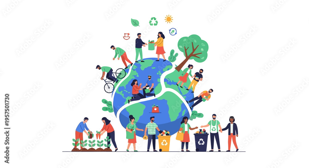 Fototapeta premium Sustainable Living Global Community: People Caring for Earth, Recycling, Gardening, and Engaging in Eco-Friendly Practices for a Healthy Planet