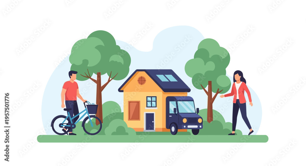 Naklejka premium Eco-Friendly Home Delivery and Urban Lifestyle Illustration: Bicycle, Delivery Van, House, and People in a Green Neighborhood