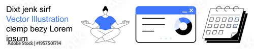 Wellness, data management, organization, self-care, graphical analysis, productivity. A meditating person, a data chart and a calendar. Wellness and data management in a conceptual design