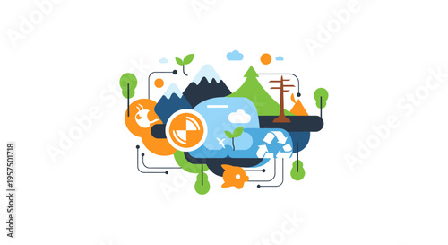 Sustainable Ecosystem & Green Technology Network. Environmental Protection, Renewable Energy, and Nature Conservation Concept.