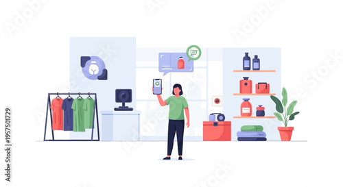 Smart Shopping with Smartphone: Woman Using Mobile App in Modern Retail Store for Digital E-commerce Experience