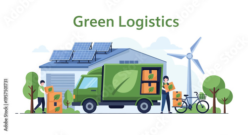 Green Logistics Concept with Sustainable Delivery, Renewable Energy, and Eco-Friendly Supply Chain Solutions. Flat Vector Illustration for Environmental Transport & Shipping.