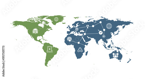 Global Digital Network Connectivity Map with Technology Icons
