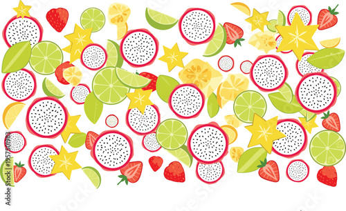 Colorful Seamless Tropical Fruit Pattern Featuring Dragon Fruit, Lime Slices, Starfruit, and Strawberries in a Hand-Drawn Sketch Vector Style for Summer Wallpaper Designs
