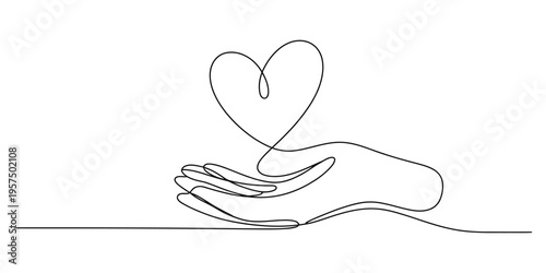 Minimalist One Line Drawing of Hand Holding Heart