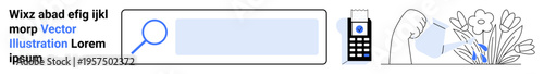 Search engine, online tools, technology integration, environmental care, eco-friendly practices, user interface. Search bar, phone and hand pouring water on flowers. Search engine and environmental