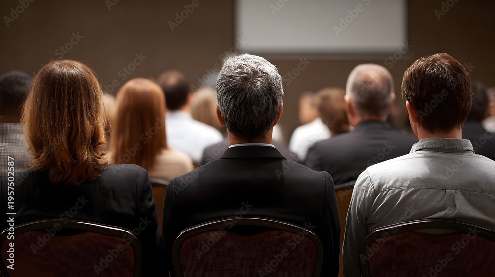 Fototapeta premium Rear view of an attentive audience in a conference hall watching a presentation or lecture