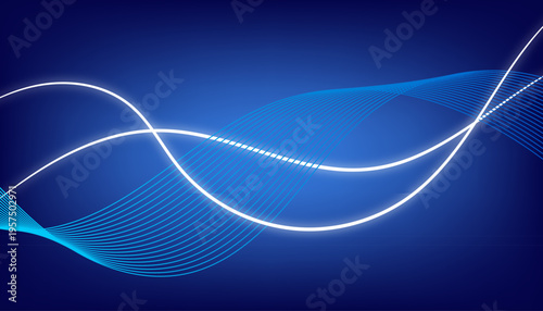 Abstract glowing wave lines on a deep blue gradient background, smooth flowing curves with modern futuristic light effects, elegant digital design for presentations and technology graphics.