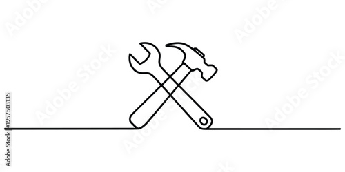 Minimalist Continuous Line Drawing of Crossed Hammer and Wrench