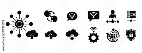 Collection of black and white network and technology icons