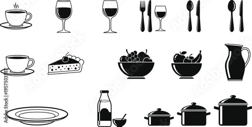 Kitchen and dining icons collection vector illustration including coffee cup, wine glass, cutlery, fruit bowl, plates and cooking pots isolated on light background